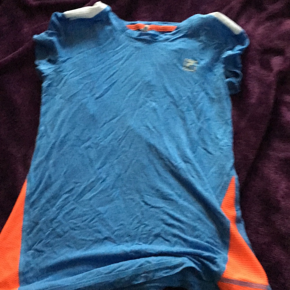 Blue shirt with orange and white